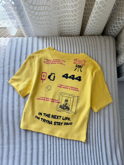 "444" Yellow Back Print Crop Tee