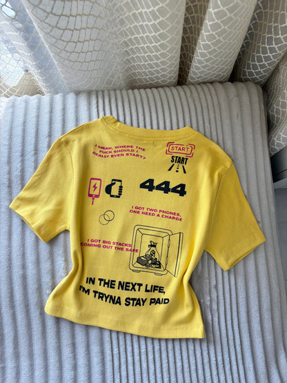 "444" Yellow Back Print Crop Tee