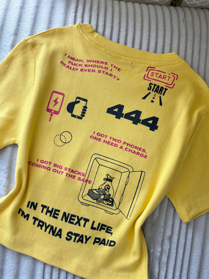 "444" Yellow Back Print Crop Tee