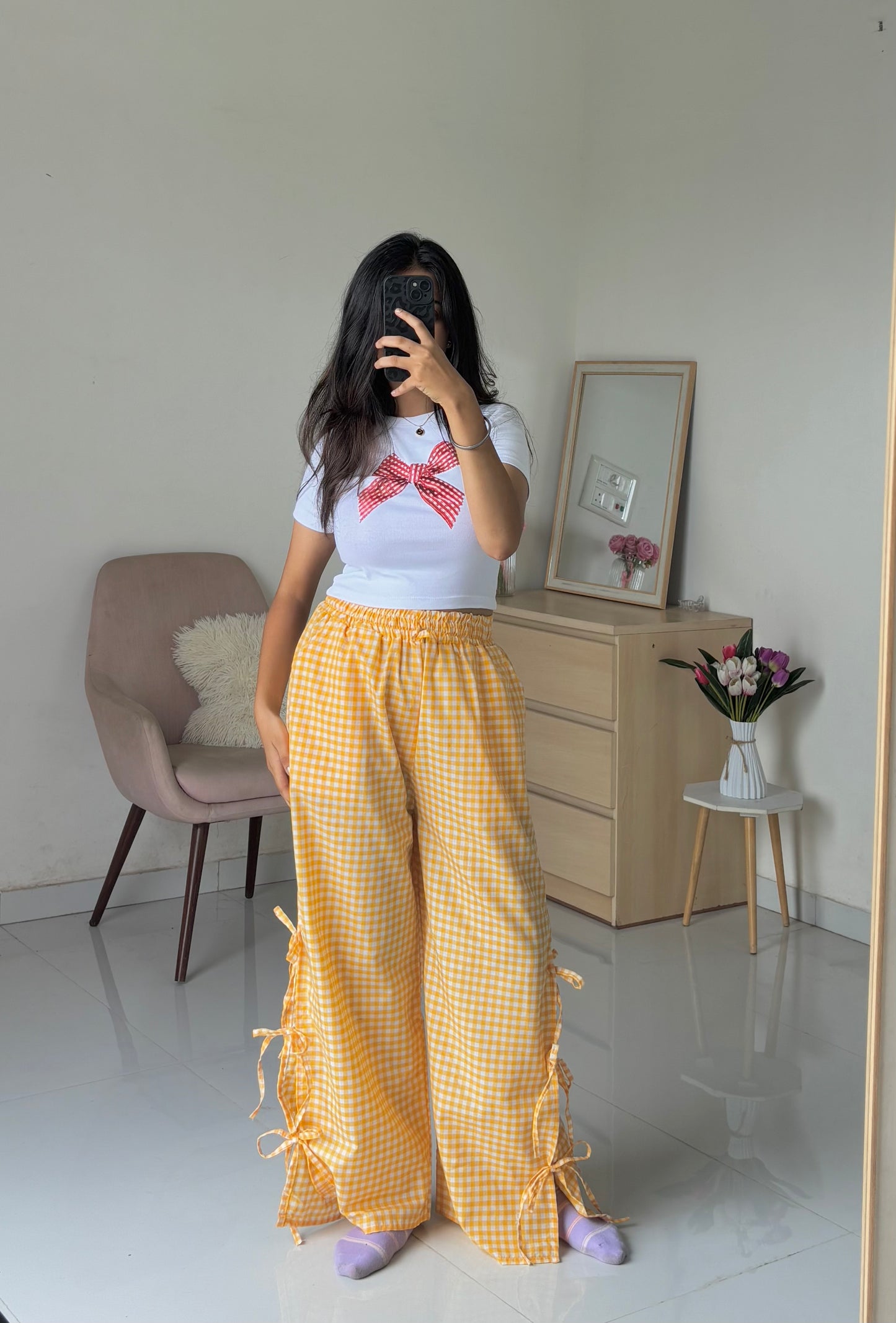 Viral Yellow Gingham Bow Pants