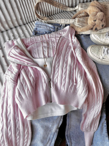 Baby Pink Cable Knit Zipper Hoodie For Women