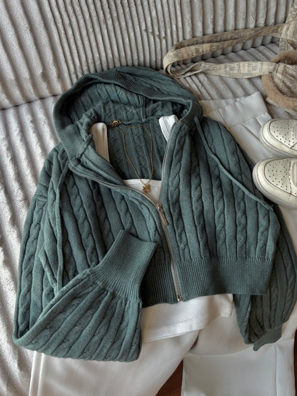 Green Cable Knit Zipper Hoodie For Women