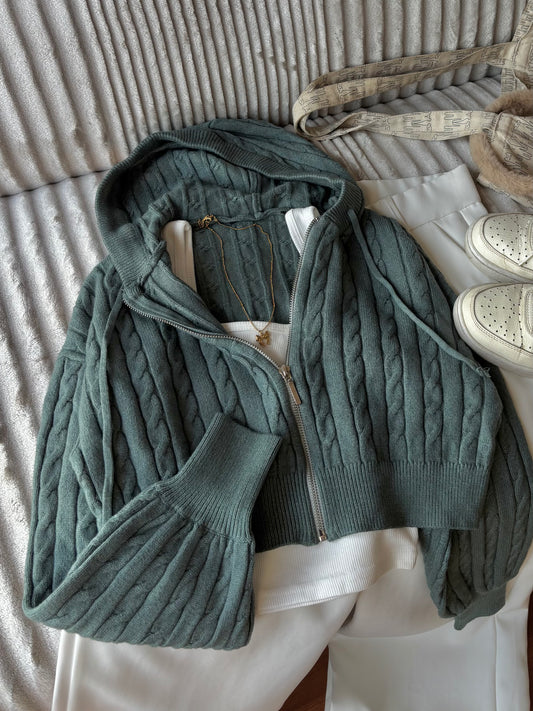 Green Cable Knit Zipper Hoodie For Women