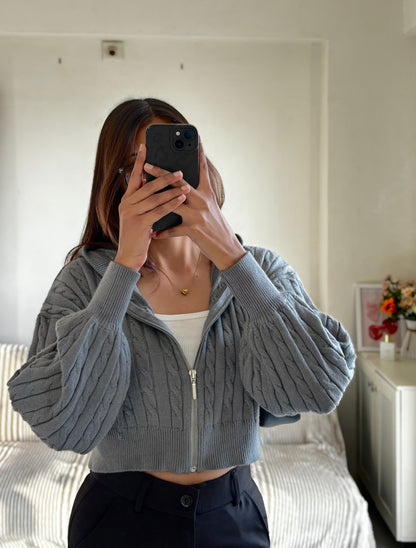 Grey Cable Knit Zipper Hoodie For Women
