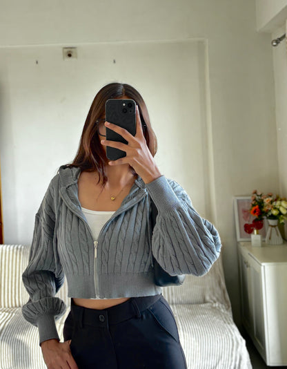 Grey Cable Knit Zipper Hoodie For Women