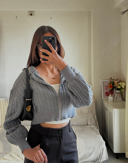 Grey Cable Knit Zipper Hoodie For Women
