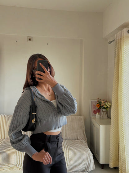 Grey Cable Knit Zipper Hoodie For Women
