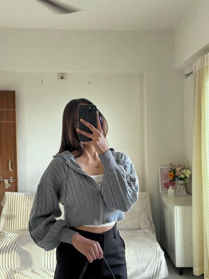 Grey Cable Knit Zipper Hoodie For Women