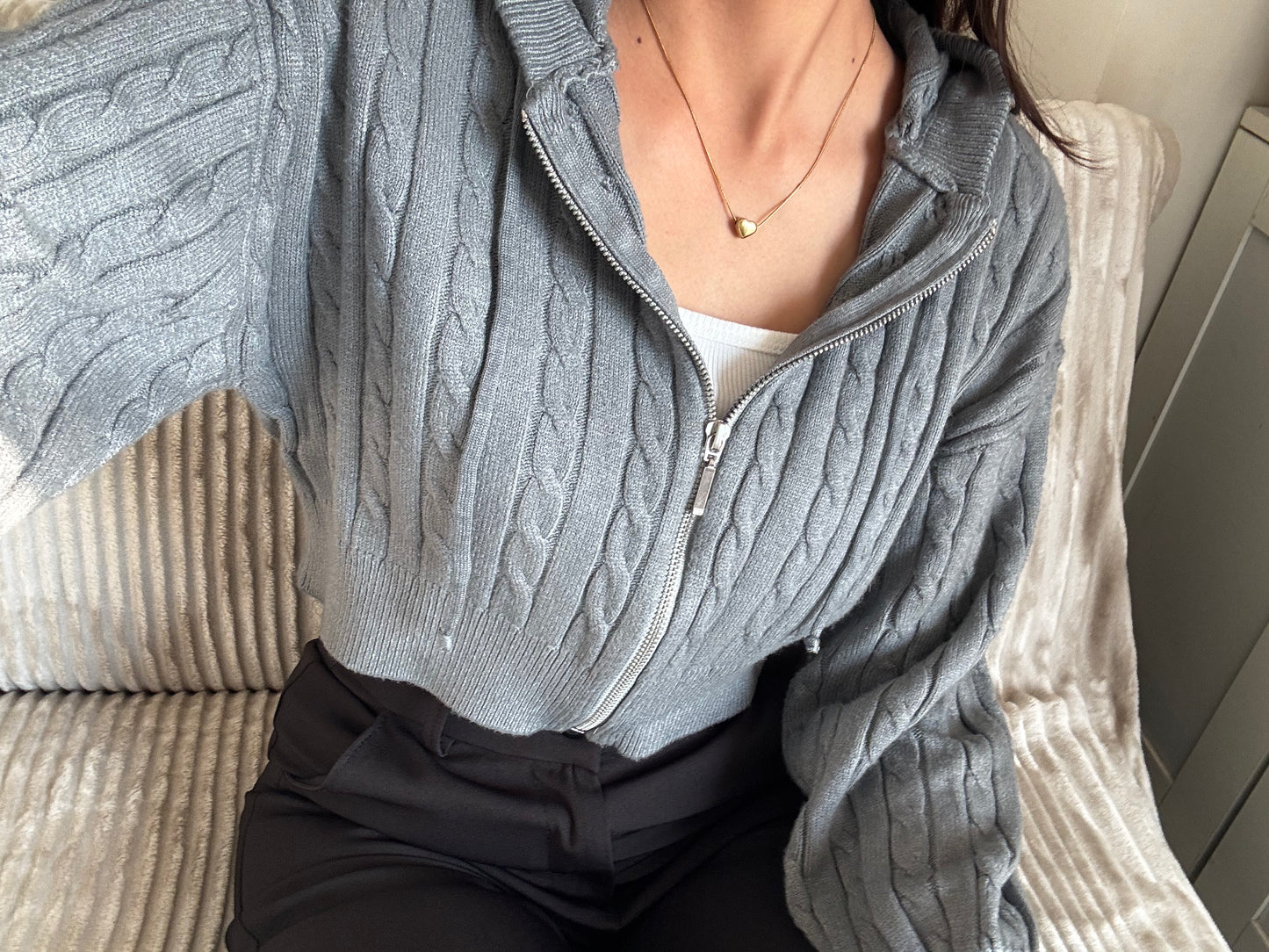Grey Cable Knit Zipper Hoodie For Women