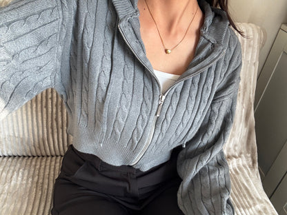 Grey Cable Knit Zipper Hoodie For Women
