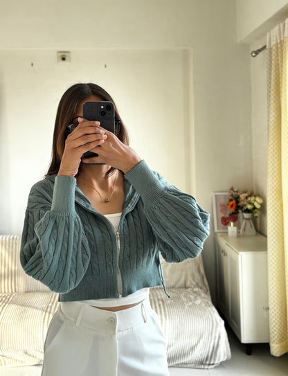 Green Cable Knit Zipper Hoodie For Women