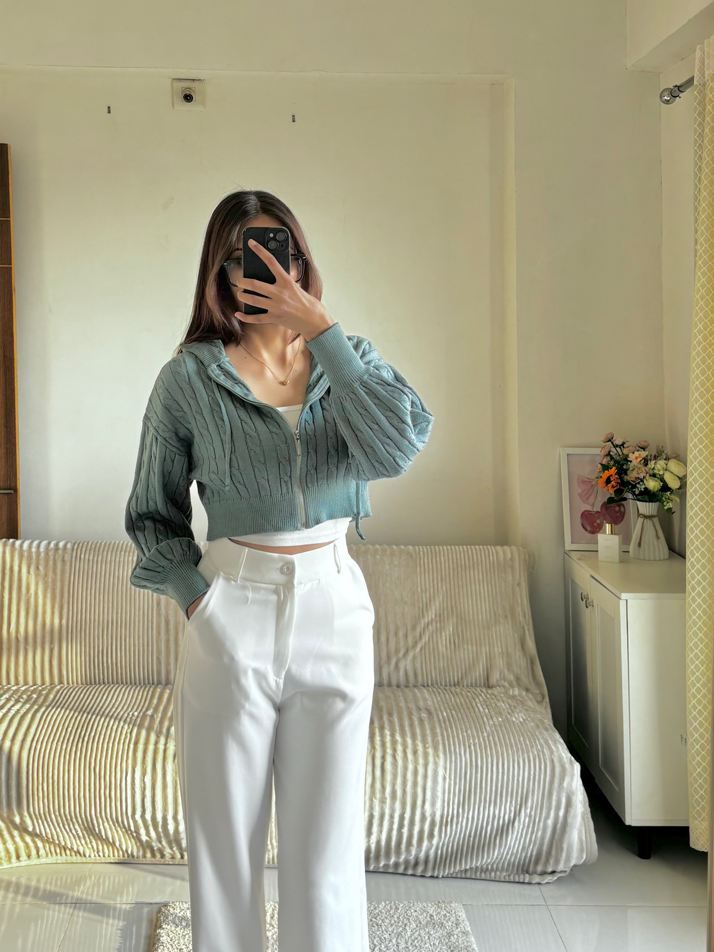 Green Cable Knit Zipper Hoodie For Women