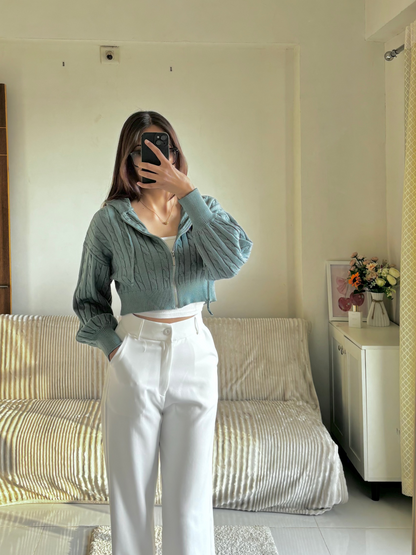Green Cable Knit Zipper Hoodie For Women