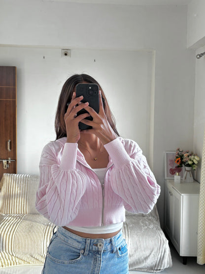 Baby Pink Cable Knit Zipper Hoodie For Women