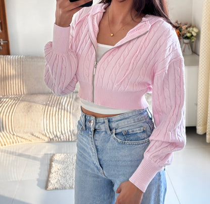 Baby Pink Cable Knit Zipper Hoodie For Women