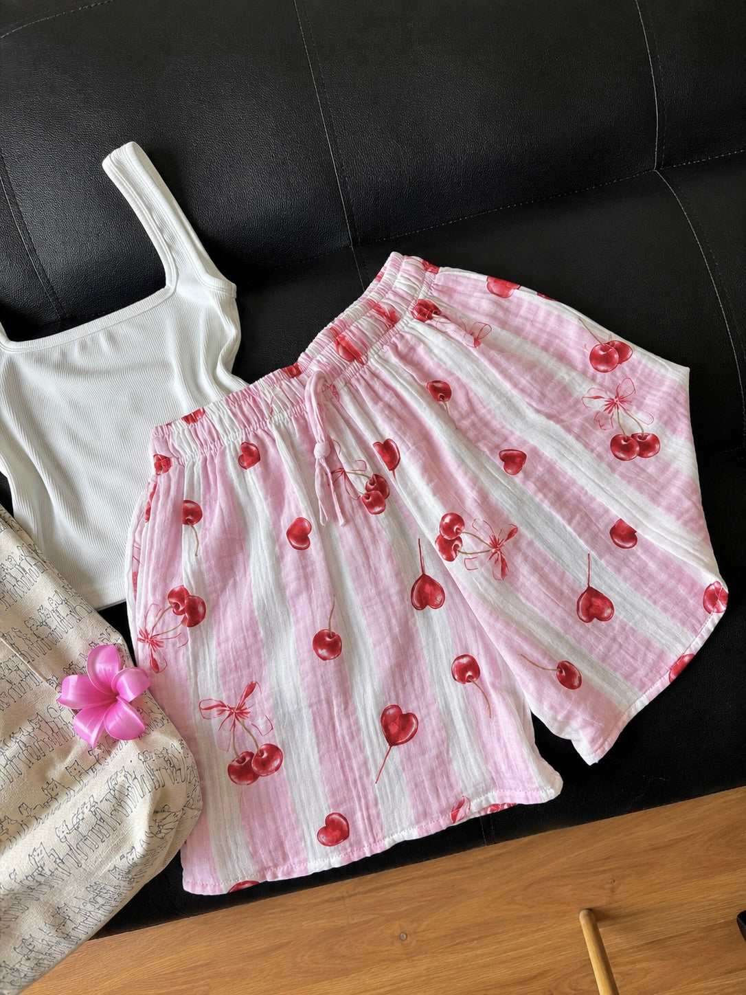 Baby Pink Cherry Mul Cotton Shorts