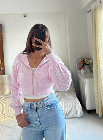 Baby Pink Cable Knit Zipper Hoodie For Women