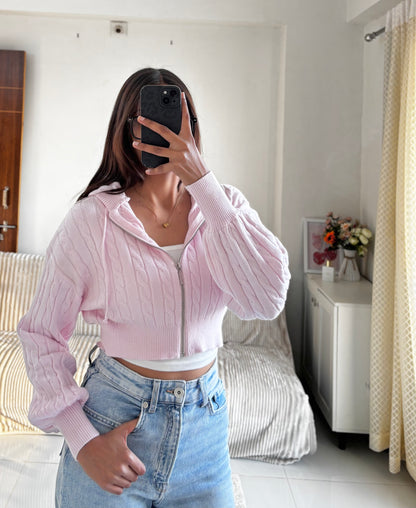 Baby Pink Cable Knit Zipper Hoodie For Women