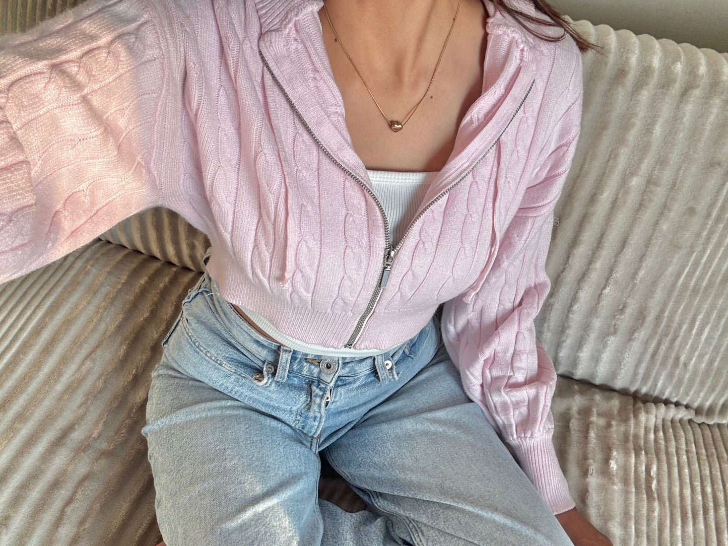 Baby Pink Cable Knit Zipper Hoodie For Women