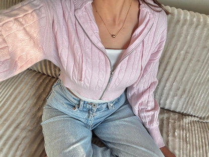 Baby Pink Cable Knit Zipper Hoodie For Women