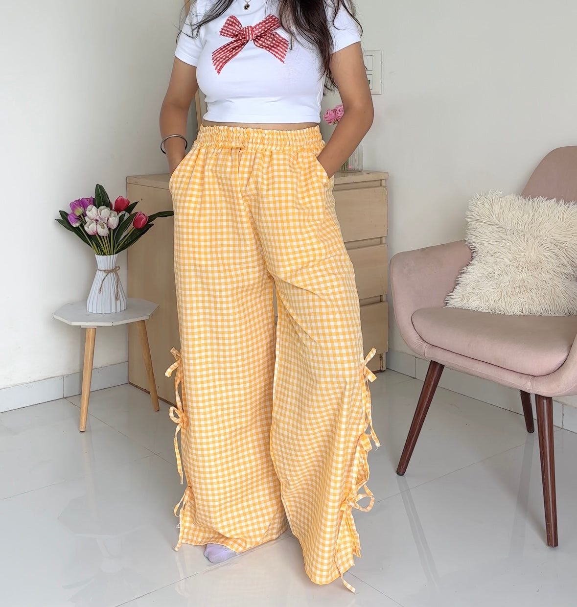 Viral Yellow Gingham Bow Pants