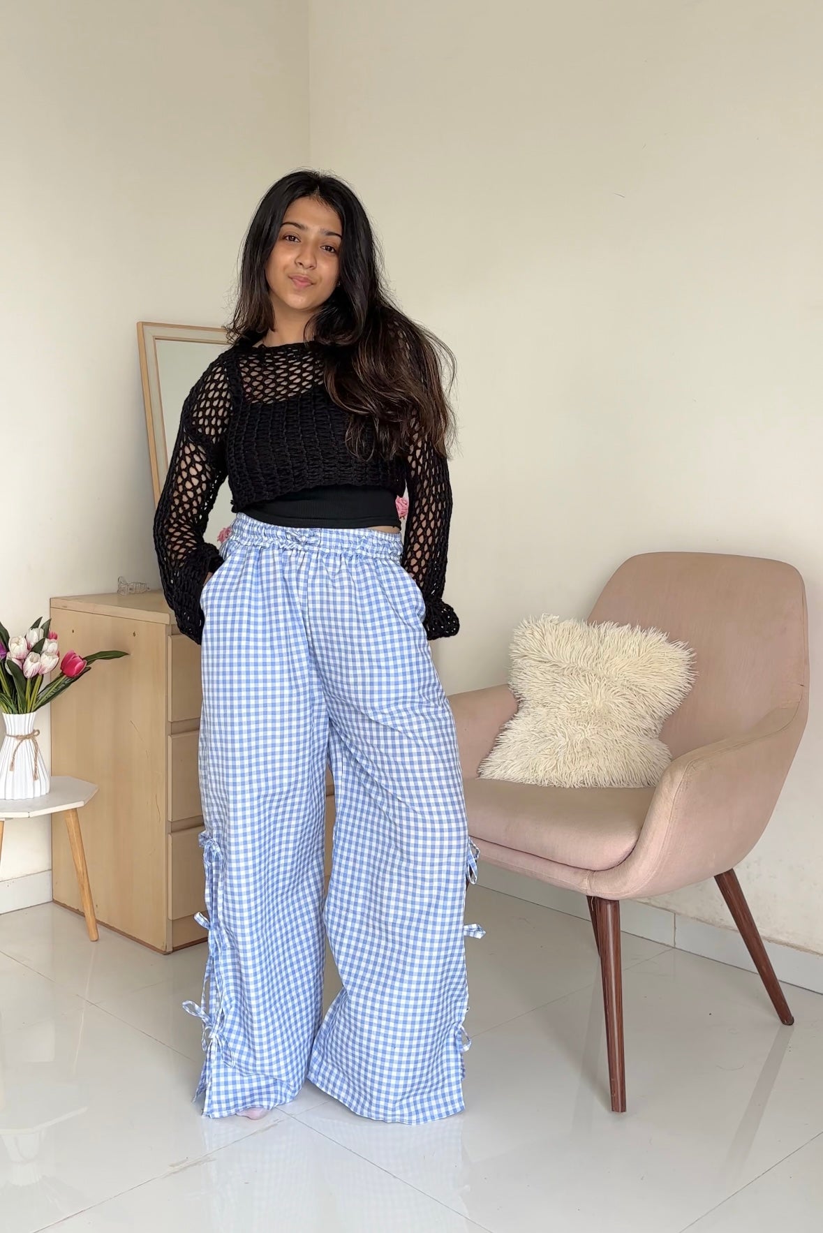 Viral Blue Gingham Bow Pants