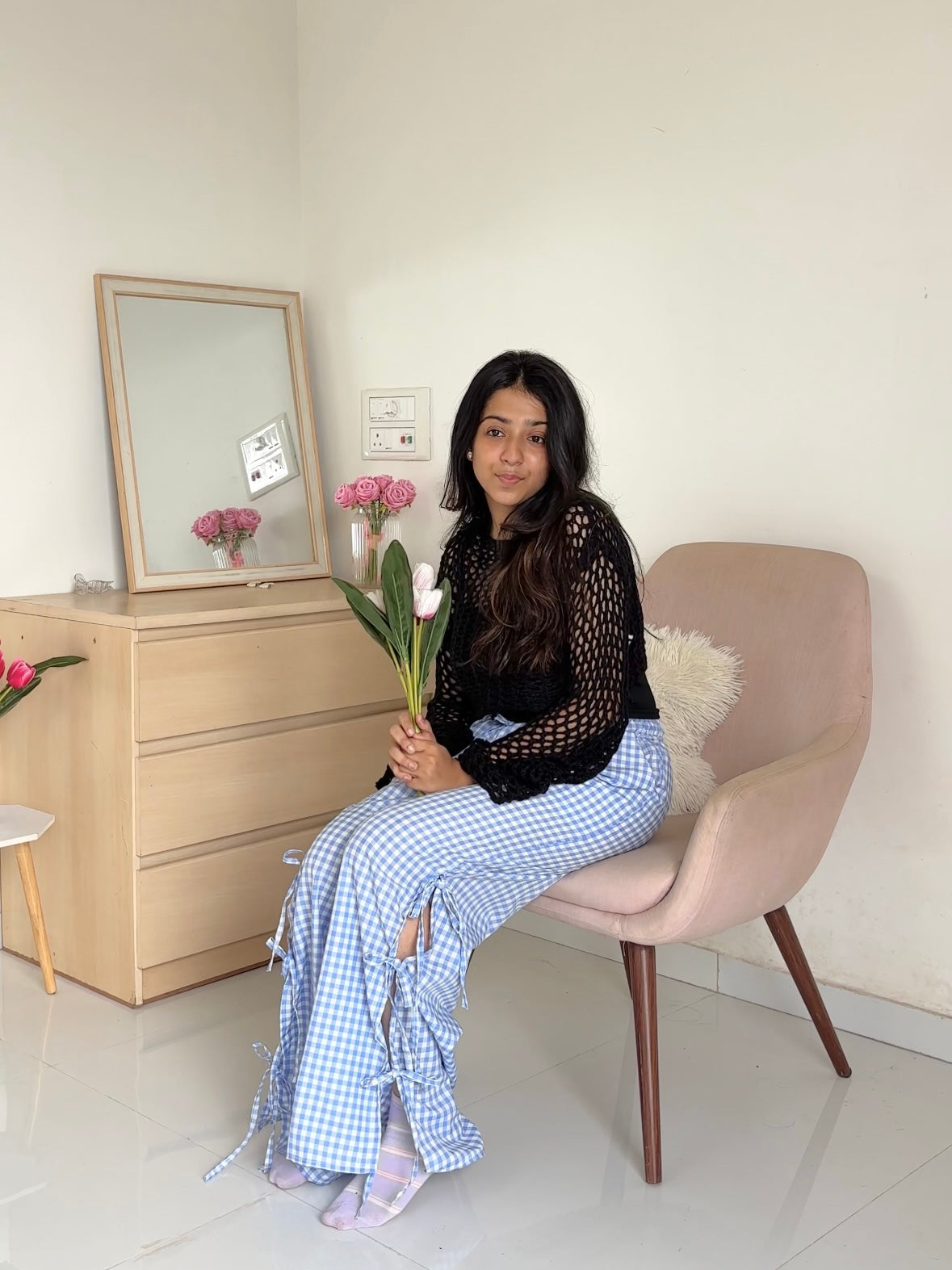 Viral Blue Gingham Bow Pants