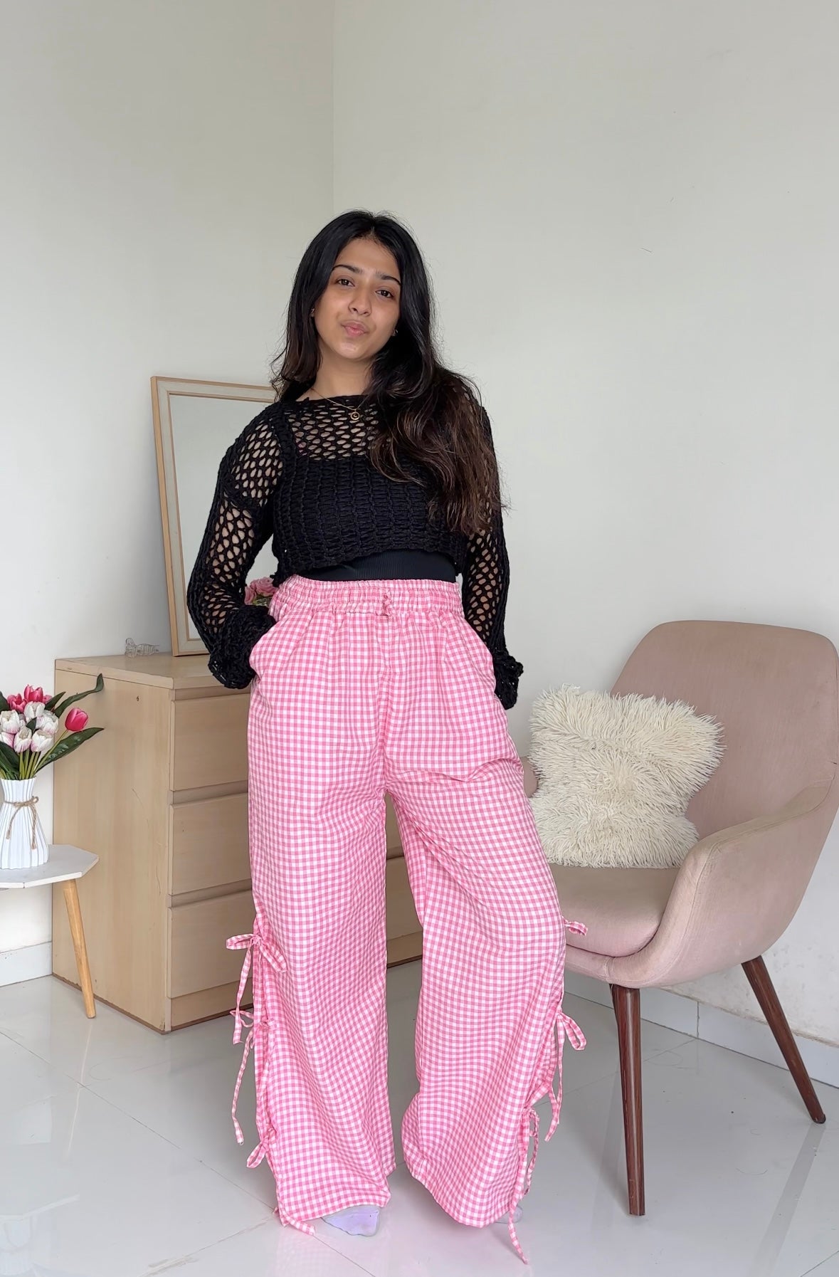 Viral Pink Gingham Bow Pants