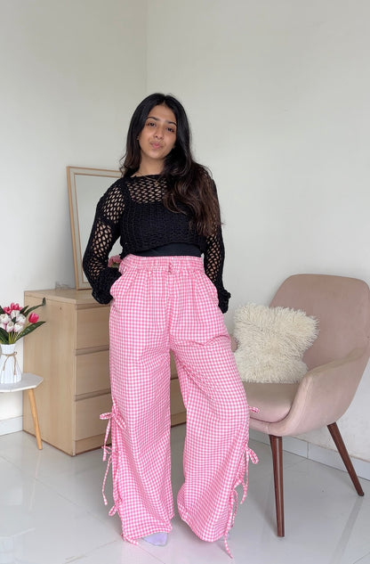 Viral Pink Gingham Bow Pants