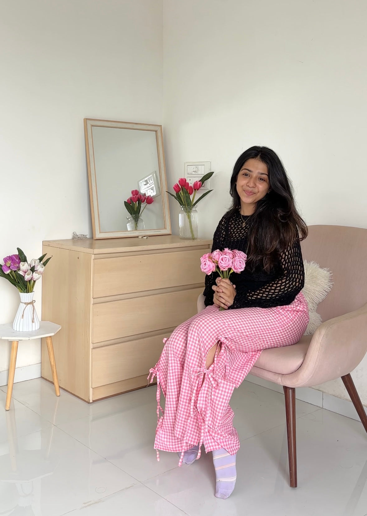 Viral Pink Gingham Bow Pants
