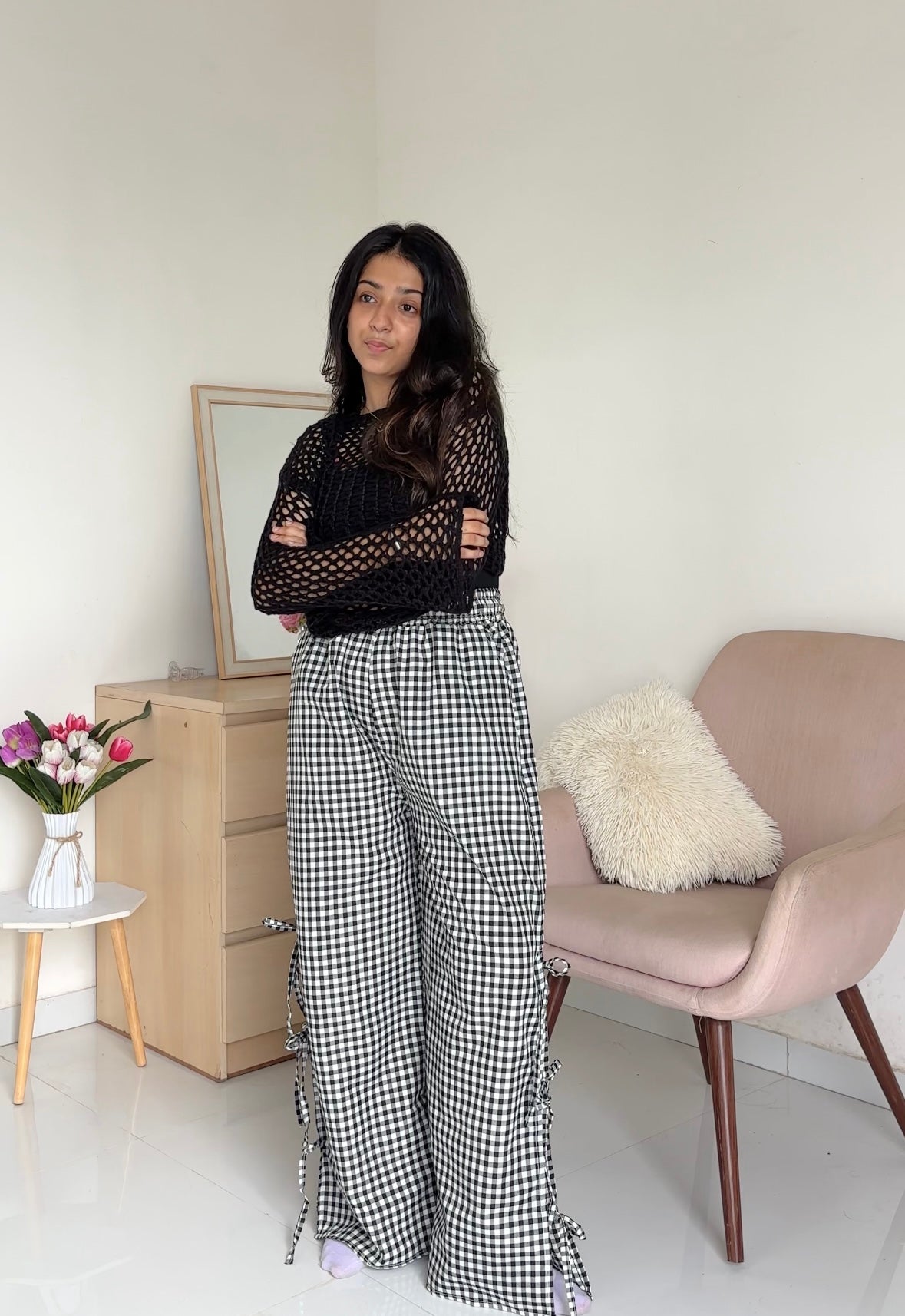 Viral Black Gingham Bow Pants