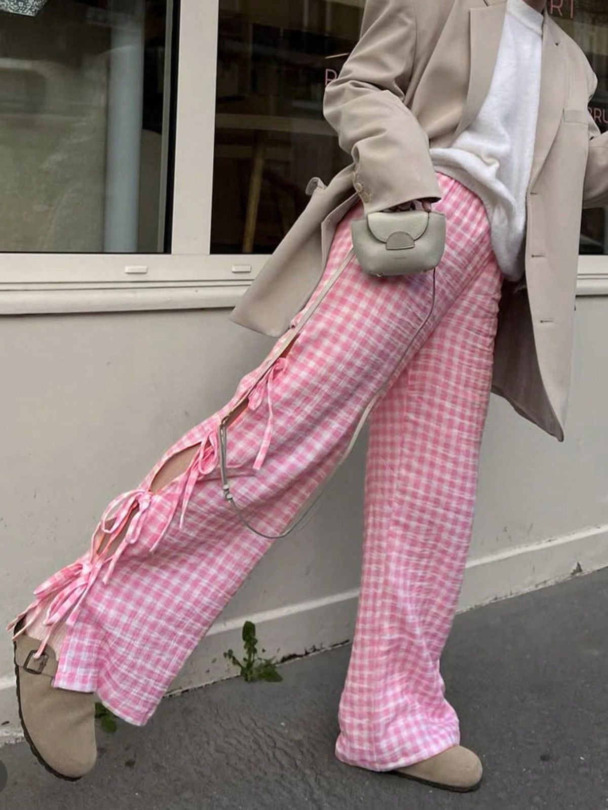 Viral Pink Gingham Bow Pants