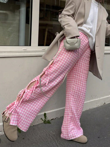 Viral Pink Gingham Bow Pants