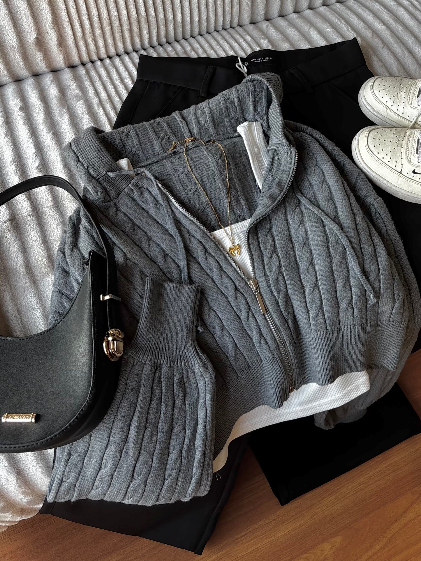 Grey Cable Knit Zipper Hoodie For Women