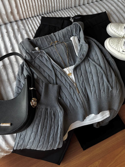 Grey Cable Knit Zipper Hoodie For Women