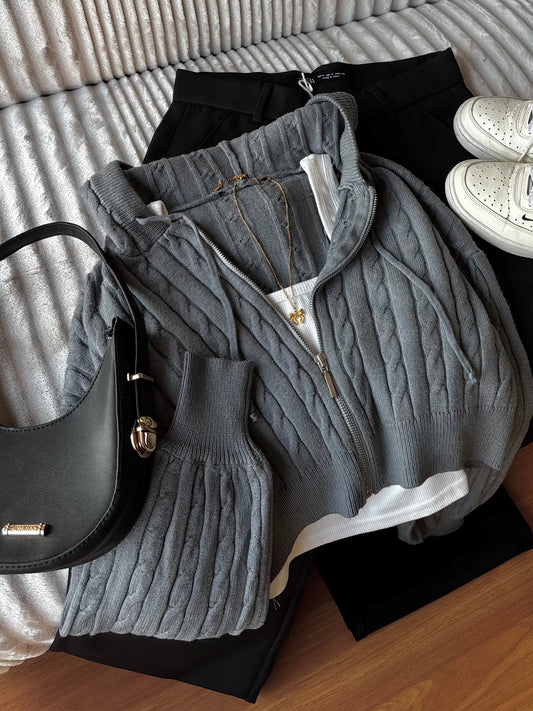 Grey Cable Knit Zipper Hoodie For Women