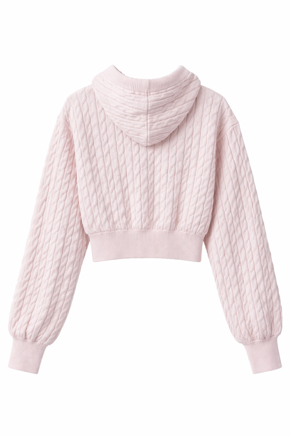 Baby Pink Cable Knit Zipper Hoodie For Women