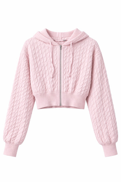 Baby Pink Cable Knit Zipper Hoodie For Women