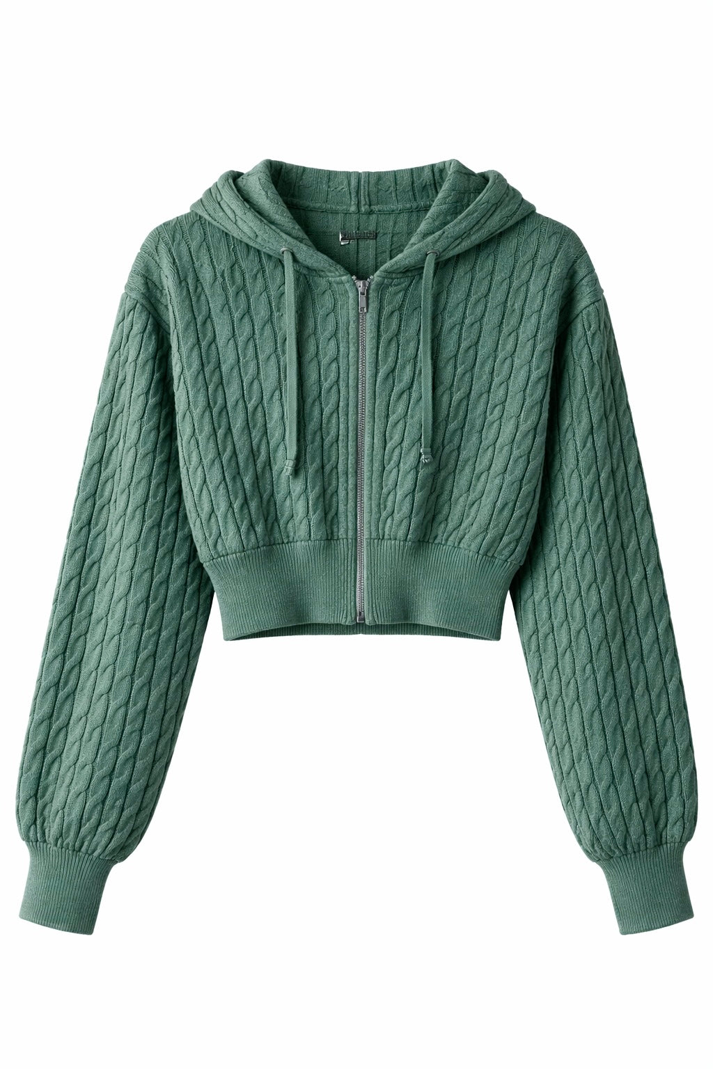 Green Cable Knit Zipper Hoodie For Women