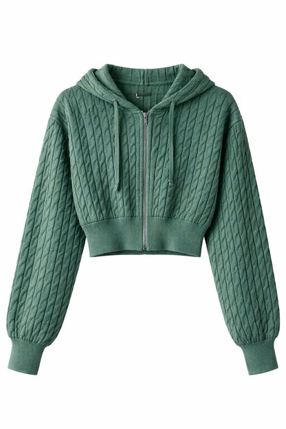 Green Cable Knit Zipper Hoodie For Women