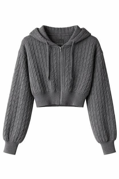 Grey Cable Knit Zipper Hoodie For Women