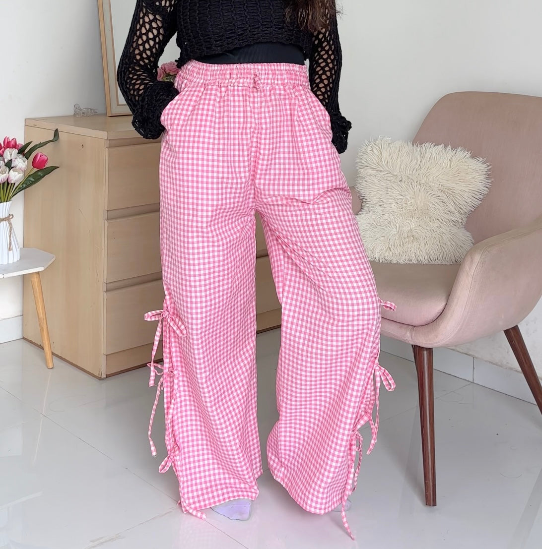 Viral Pink Gingham Bow Pants