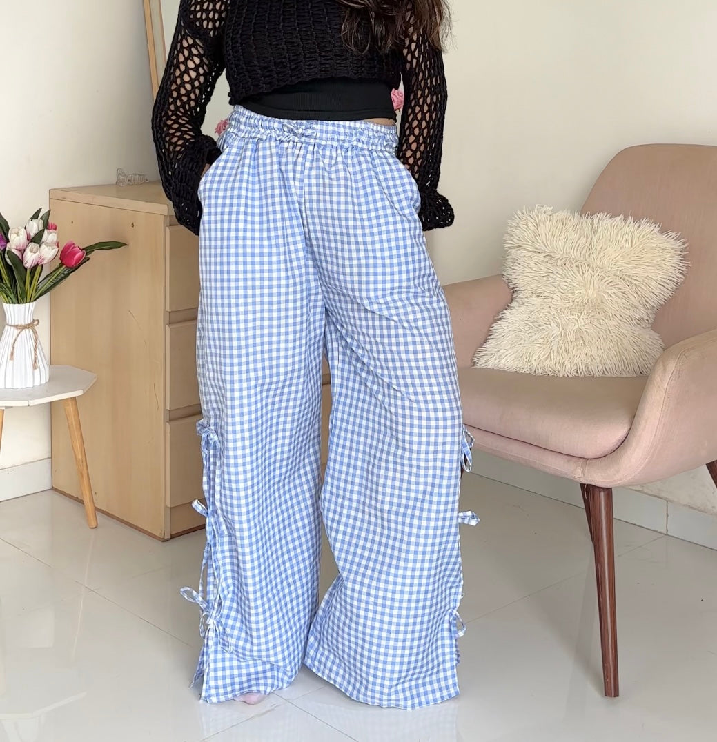 Viral Blue Gingham Bow Pants
