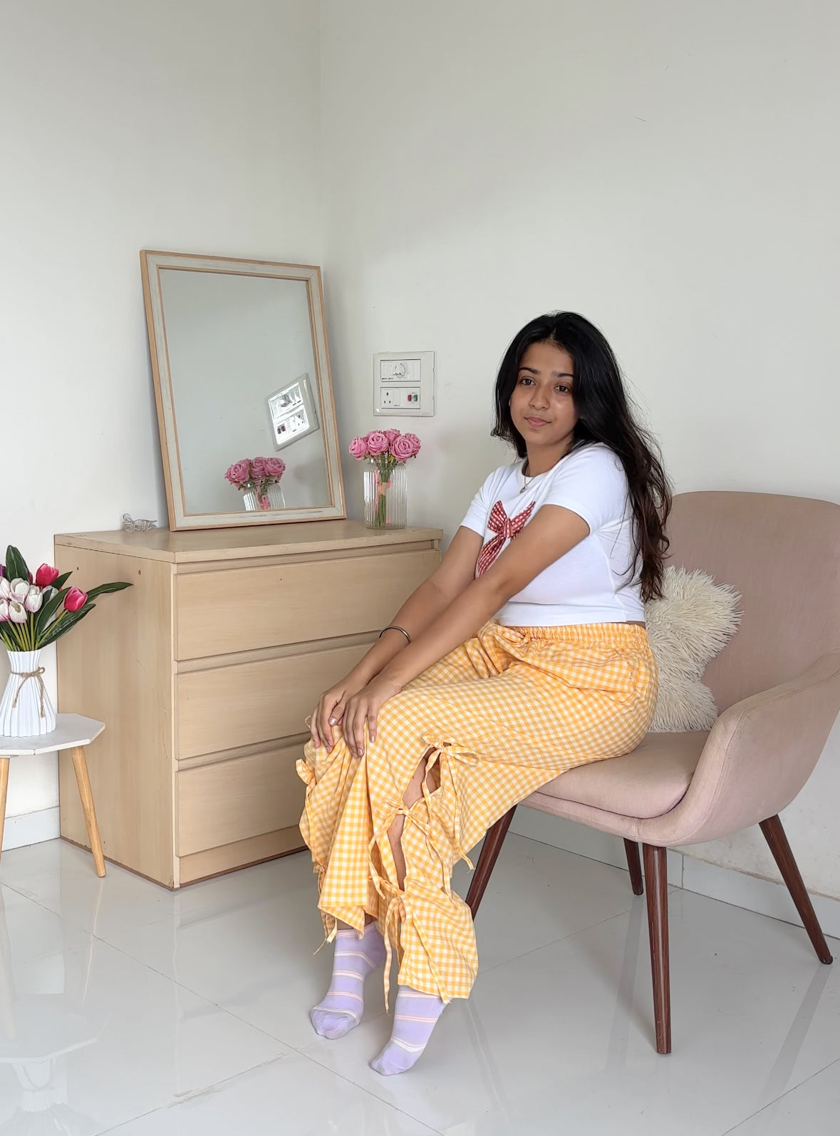 Viral Yellow Gingham Bow Pants