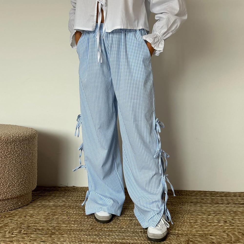 Viral Blue Gingham Bow Pants