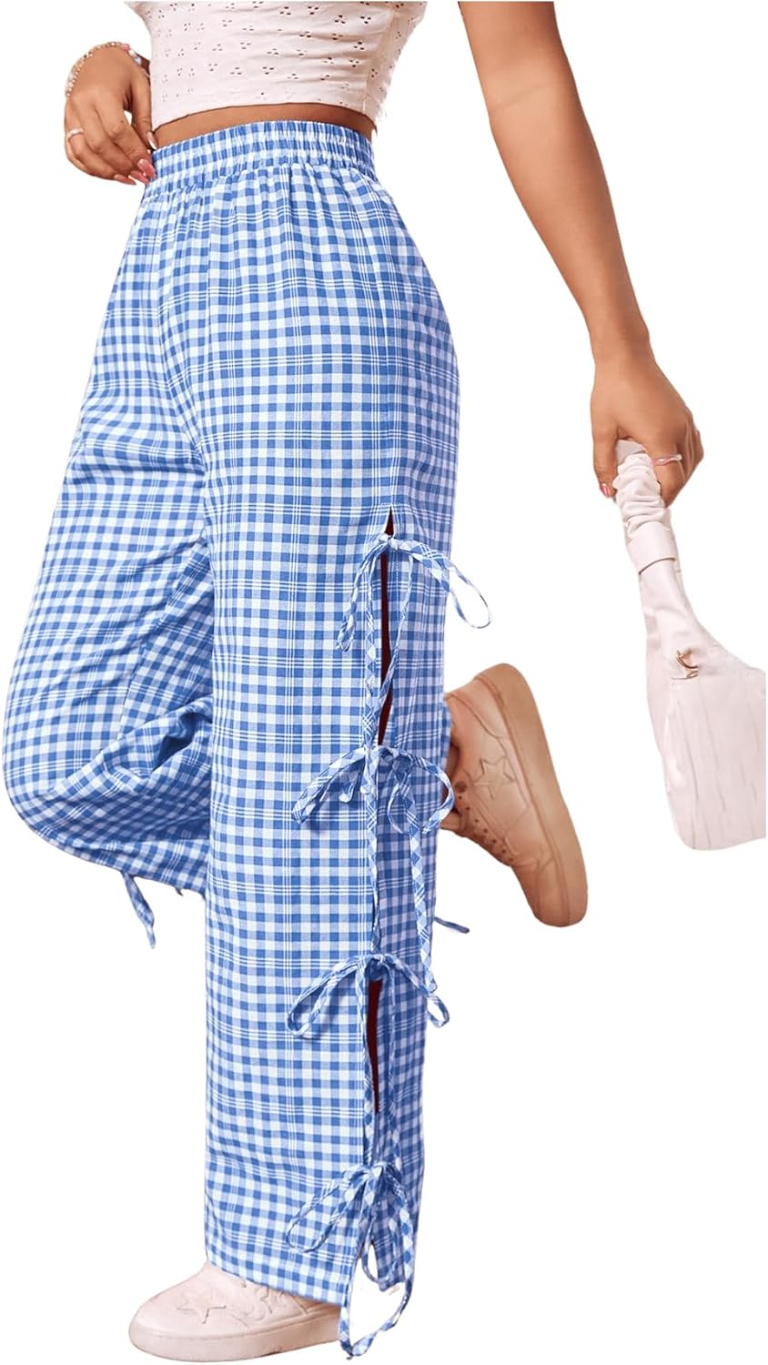 Viral Blue Gingham Bow Pants