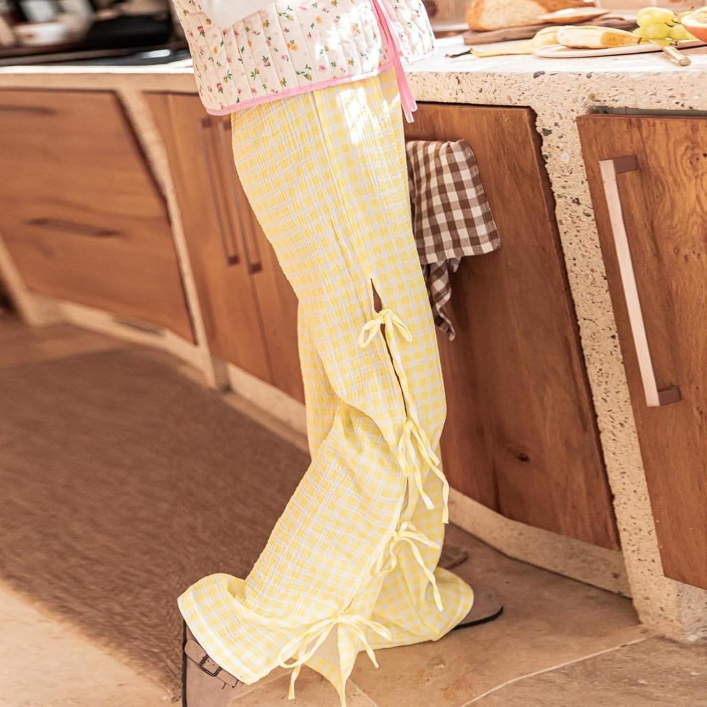 Viral Yellow Gingham Bow Pants