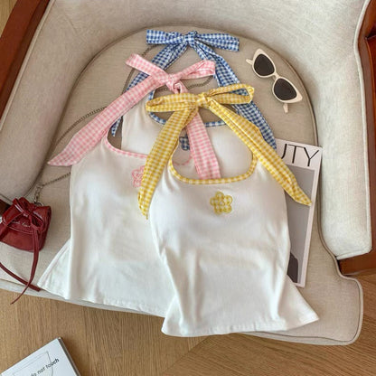 Ribbon Tie Halter Neck Built-in Bra tops
