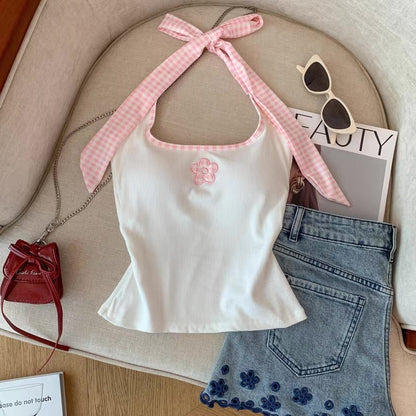 Ribbon Tie Halter Neck Built-in Bra tops