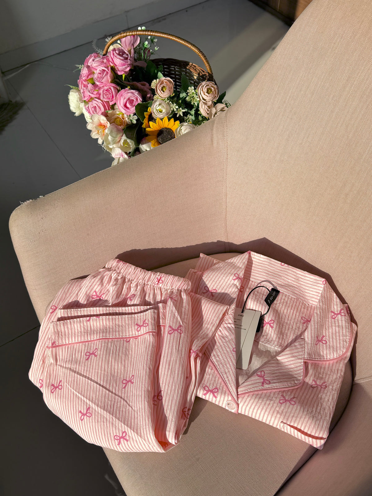 Pink Bowtiful Striped Full Sleeve Pj set